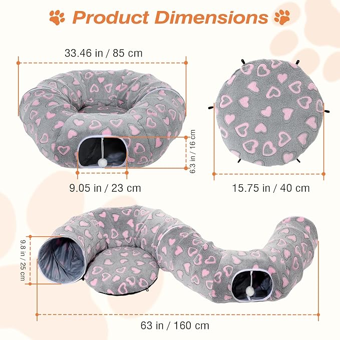 Cat Tunnels for Indoor Cats, 35'' Plush Cat Tunnel Bed with Playful Ball and Circle Cushion, Multifunctional Peekaboo Cat Cave, Interactive Toy Gift for Cats, Kittens, Rabbits, Gray&Heart