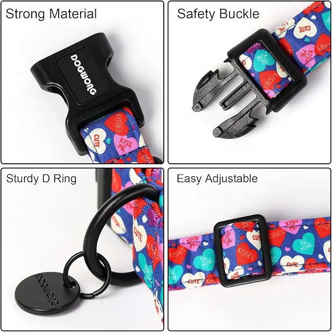 DOGWONG Valentine's Dog Collar - Blue Heart Candy Adjustable Cotton Heart Dog Collar - Perfect for Small, Medium, Large Dogs