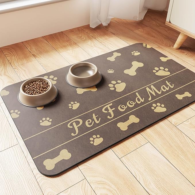 Pet Feeding Mat-Absorbent Pet Placemat for Food and Water Bowl, with Waterproof Rubber Backing, Quick Dry Water Dispenser Mat for Dog and Cat (27"x17", Brown)