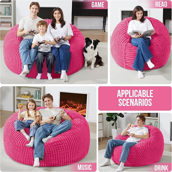 Homguava 4 FT Bean Bag Chair,4' Big Bean Bag,Large Bean Bag Chairs for Adults with Memory Foam Filled,Comfy Beanbag Chairs Soft Bean Bag Sofa with Dutch Corded Plush Cover-Pink
