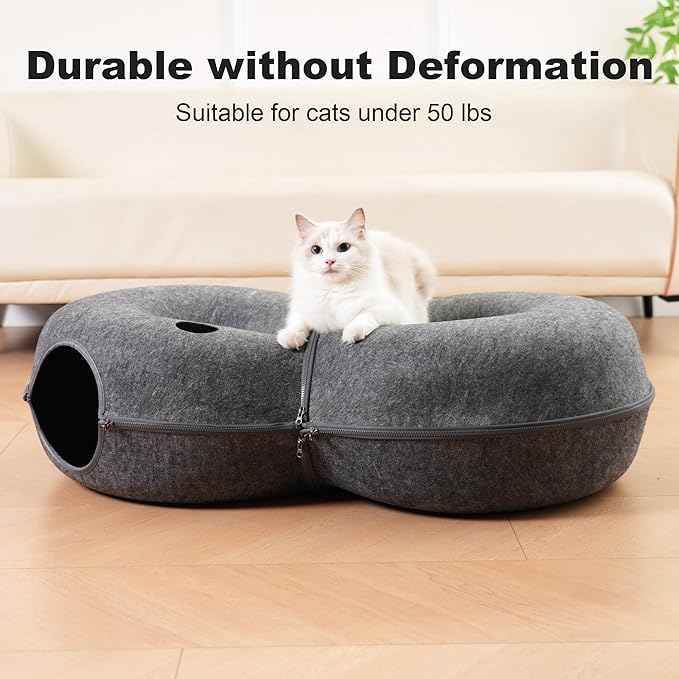 8-Shaped Large Cat Tunnel Bed for Indoor Cats, Infinite Circulation Peekaboo Cat Cave with 12 Toy Balls, Cat Donut Tunnel for Cats up to 30 Pounds (Dark Grey, L 38x24x11in)