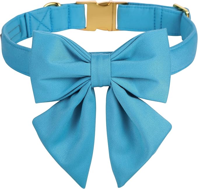 Maca Bates Sky Blue Dog Collar with Cute Solid Sailor Bow Tie for Medium Girl Boy Dogs,Adjustbale Durable Breakaway Soft Collars with Bowtie for Female Male Puppy,Pet with Metal Buckle