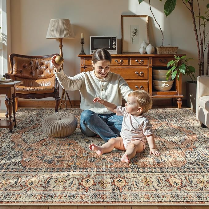 Lahome Oriental Washable Rugs 8x10, Non-Slip Soft 8x10 Rugs for Living Room Bedroom, Stain Resistant Ultra-Thin Vintage Accent Carpet for Dining Room Office, Peach/Orange