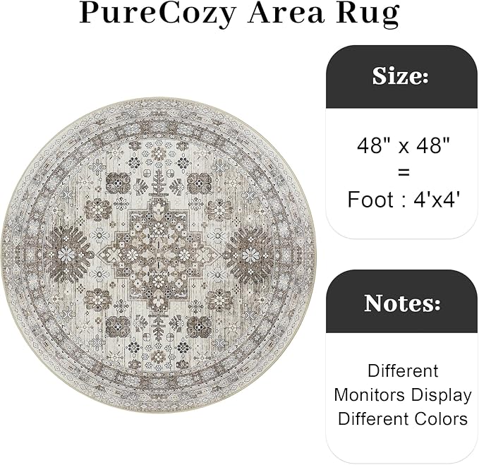 Ultra-Thin Washable 4ft Round Rug - Teal 4x4 Circle Rugs for Living Room, Vintage Dining Room Mat Stain Resistant Nursery Carpet for Bedroom Mudroom Kitchen Apartment Home Office