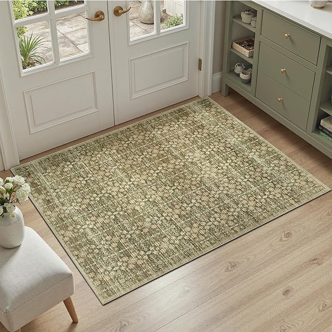 DCX 2x3 Neutral Rug, Kid & Pet Friendly with Rubber Back Non Slip, Machine Washable Stain Resistant Olive Green Floral Rug for Living Room, Bedroom, Soft Low Pile Large Nursery Carpet