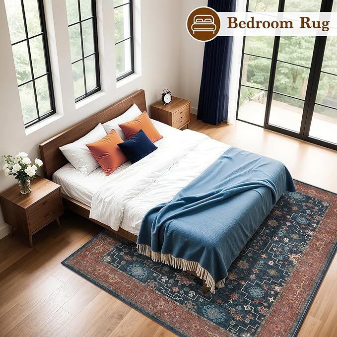 LBRO2M Farmhouse Washable Rugs 5X7 for Living Room Bedroom Vintage Non Slip Rugs Easy Clean, Low Piles Stain Resistant Carpet Distressed Area Rug Great for Pets and Family (5'X7' Distressed Blue)
