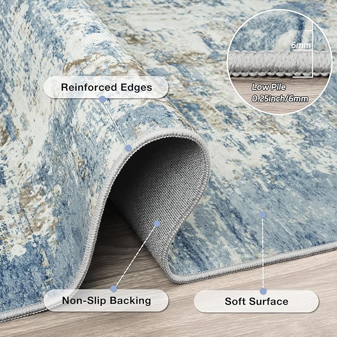 9x12 Area Rugs Living Room Rug Modern Abstract Neutral Washable Rugs Non Slip Soft Carpet Large Area Rug Low Pile Stain Resistant Non Shedding for Bedroom Nursery Dining Room Home Office Blue