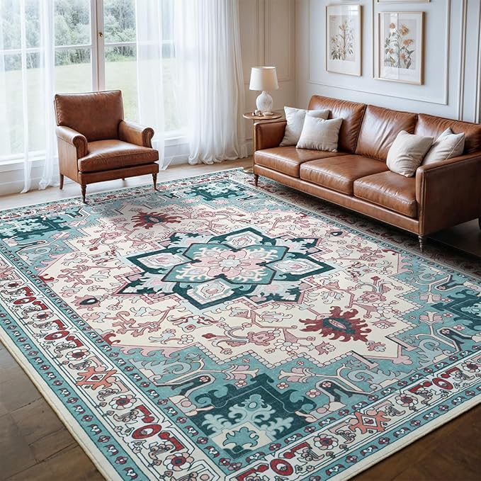 Lofus 8x10 Area Rugs, Large Area Rug for Living Room, Floral Washable Area Rug for Bedroom, Office, Dining Room, Non-Slip Vintage Boho Rug, Low-Pile Soft Carpet, Traditional Oriental Style, Light Blue