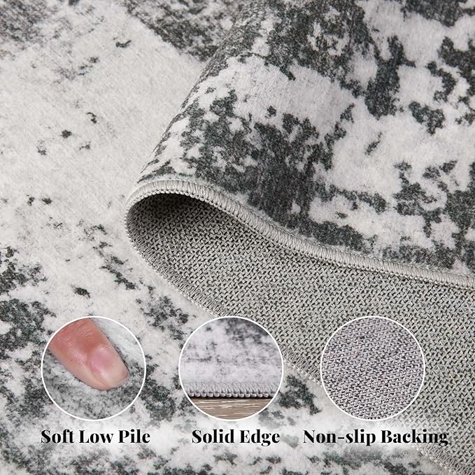 Area Rug Living Room Washable Rugs: 6x9 Modern Neutral Abstract Low Pile Non Slip Floor Carpet - Large Soft Thin Stain Resistant Rug for Bedroom Dining Indoor Office Home, Dark Grey