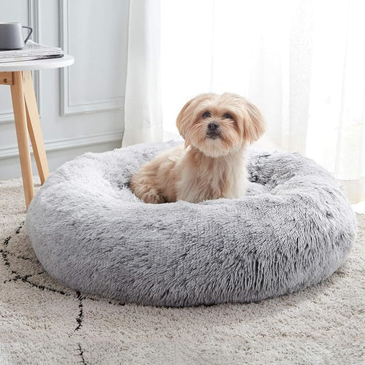 Western Home WH Calming Dog & Cat Bed for Small Medium Sized, Round Donut Washable Medium Dog Beds, Self Warming Fluffy Anti-Slip Indoor Cat Dogs Bed for Pet up to 35 lbs (27 Inches, Light Grey)