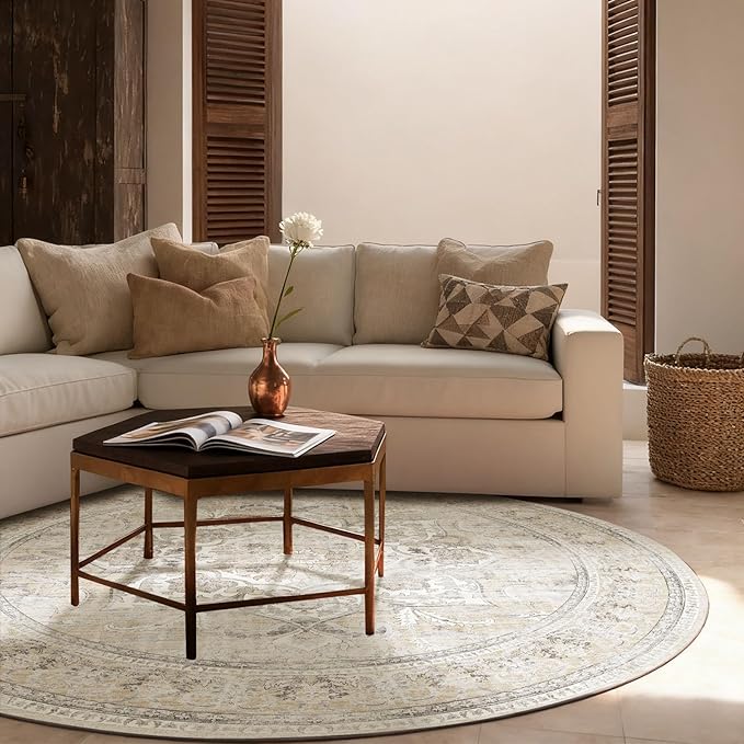 4x4 Round Bedroom Rug Washable: Round Boho Rug Stain Resistant Non Slip Low Pile Small Carpet for Bedroom Kitchen Entryway Living Room Bedside Office Dorm Kids Room Entrance
