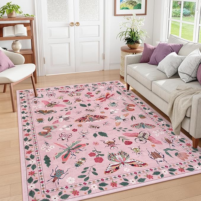 Lahome Insect Machine Washable Rugs 5x7, Soft Modern Pink Rugs for Bedroom Girls Living Room, Non Slip Ultra-Thin Stain Resistant Accent Carpet for Dining Room Nursery(5'x7',Pink)