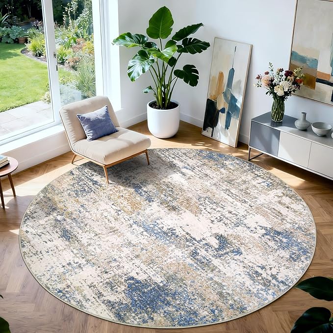 Area Rug Living Room Washable Rugs: 6x6 Modern Neutral Abstract Low Pile Non Slip Floor Carpet - Large Soft Thin Stain Resistant Rug for Bedroom Dining Indoor Office Home, Blue Brown