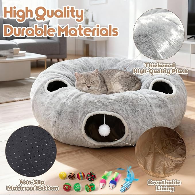 4-Holes Cat Tunnel Bed for Indoor Cats, Plush Donut Play Tunnel with Removable Cushion, Cats Hideout Play Bed with 11 Cat Toys, Cozy Round Cat Cave for Multiple Cats, Kitten/Puppy/Rabbit(Grey)