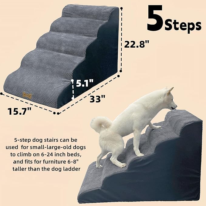 5-Step Dog Stairs for 23 Inch High Beds & 20-30 Inch Couch Bed, Non-Slip Balanced Indoor Pet Ramp Stairs for Small Old Large Dogs Cats to Get on Bed 30D