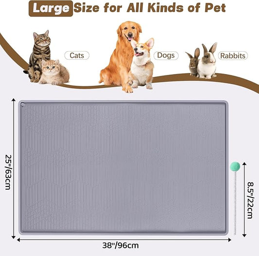 Cat Food Mat with Toy Ball, 38'' x 25'' Extra Large Silicone Pet Feeding Mat with Raised Edge Pet Placemat for Food and Water Bowl Non-Slip, Easy to Clean, Floor Protection (Grey)