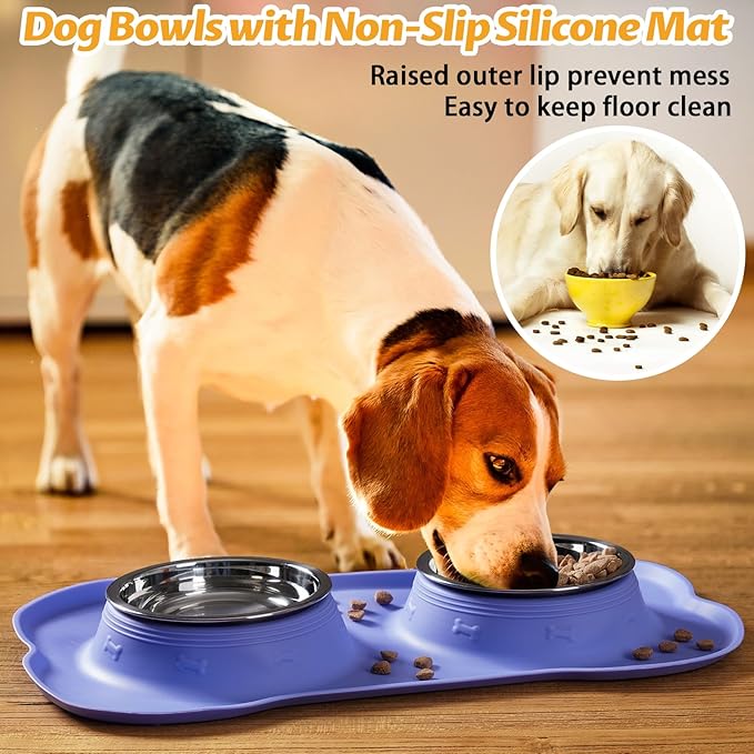 Hubulk Pet Dog Bowls 2 Stainless Steel Dog Bowl with No Spill Non-Skid Silicone Mat + Pet Food Scoop Water and Food Feeder Bowls for Feeding Small Medium Large Dogs Cats Puppies (Large, Purple)