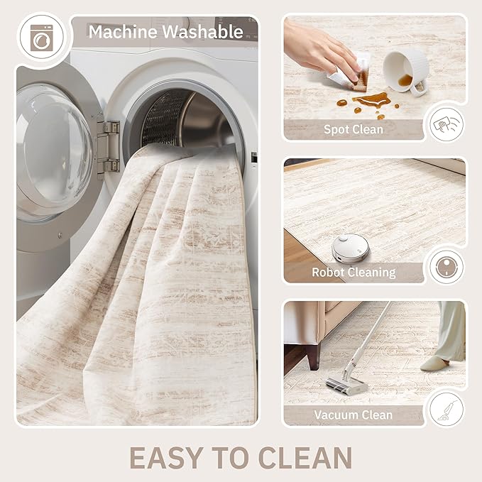 Area Rugs 5x7 for Living Room, Floral Washable Rugs for Dining Room, Bedroom, Kitchen, Vintage Non-Slip Thin Area Rug Beige Ivory
