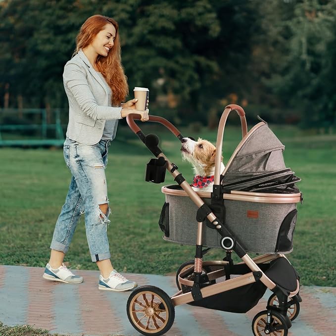 Pet Stroller for Medium Dogs, Smooth-Ride Dog Stroller with Detachable Carrier, Rubber Wheels, Car Seat Combo 3-in-1, Up to 50 lbs, for Senior Dogs & Cats, Grey