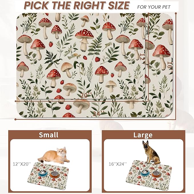 Red Mushroom Pet Feeding Mat,Fern Herb Berries Absorbent Quick-Dry Cat Dog Food and Water Bowl Mats,Non-Slip Rubber Backing Mat,Cat Dog Accessories Supplies 12"x20"
