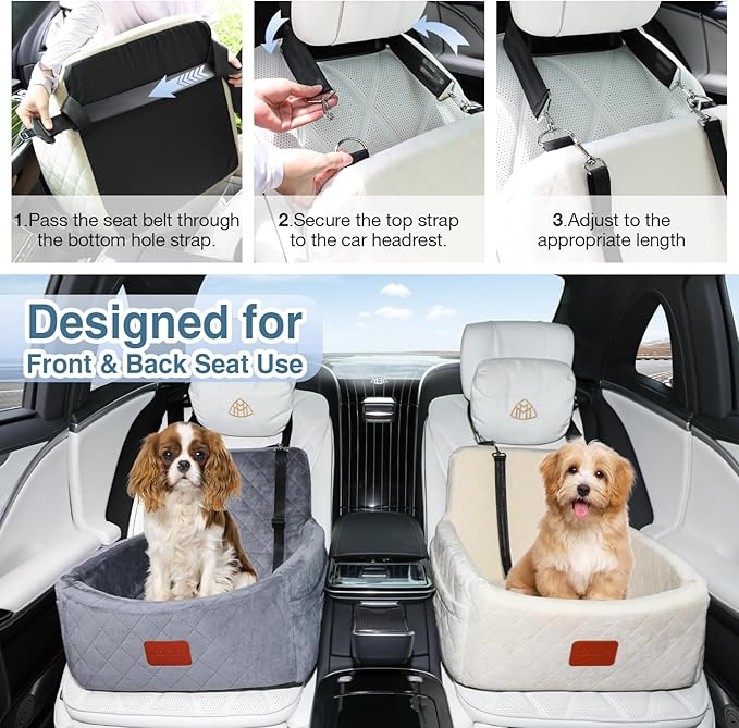 Dog Car Seat for Under 30lbs Dogs,Comfy Febric Fill in Memory Foam,Washable and Detachable Pet Travel Car Bed,Anti-Slip Bottom,2 Safety Leashes & Storage Pockets(Beige)