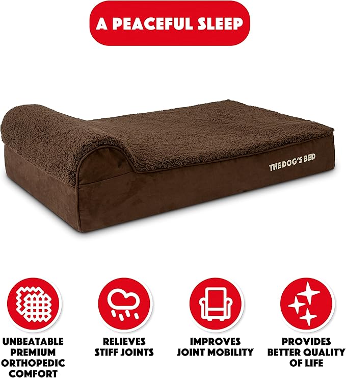 The Dog’s Bed Orthopedic Memory Foam Dog Bed with Headrest, Plush Fabric, Brown Plush, L, 6-Inch