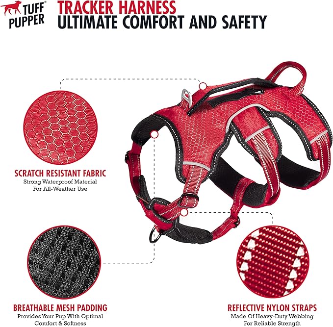 Tuff Pupper Tracker No Escape Dog Harness, Dual Attachment Points, Reflective 3M Stitching, XS - XL, March Red