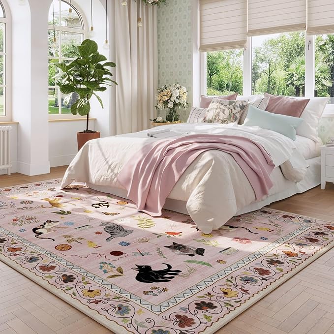 Rugcomf Area Rugs 8x10 Rug for Living Room Clearance Washable Boho Area Rug Non Slip Floral Animal Cat Vintage Low Pile Large Rug for Living Room Bedroom Farmhouse Dining Room Kids Playroom, Pink