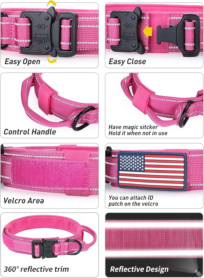 AUBELL Reflective Tactical Dog Collar,Adjustable Military Heavy Duty K9 Collars with Handle and Quick Release Metal Buckle Great for Extra Large Dogs, with Airtag Case and 2 Patches (Pink,XL)