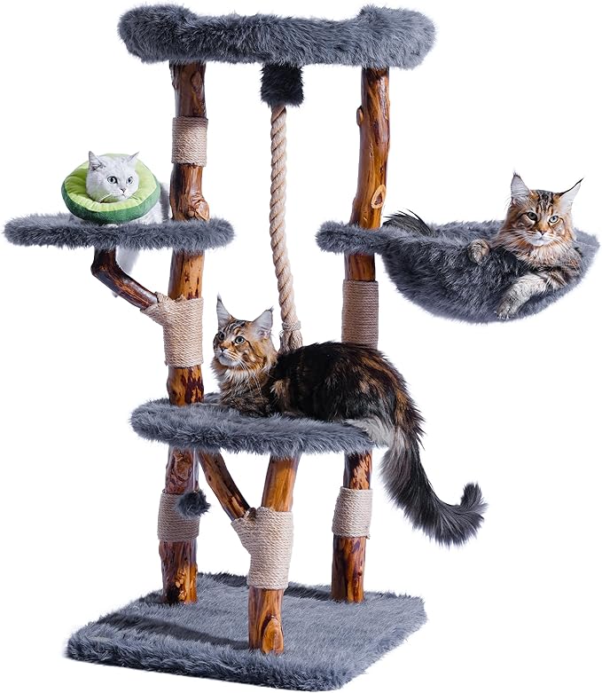 Aesthetic Cat Tree Tower for Large Cats, Large Cat Tree for Maine Coon Indoor Cats with Faux Fox Fur, Solid Wood Sisal Scratching Post, Hammock, Perches, Platform, Toy Ball