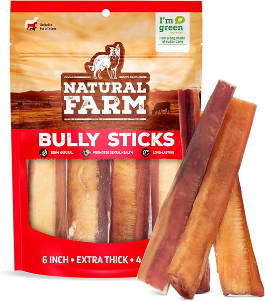 Natural Farm Jumbo Bully Sticks (6 Inch, 4 Pack), Odor Free, Extra-Thick Dog Chews - Fully Digestible 100% Beef Treats, Supports Dental Health, Keep Your Dog Busy with 50% Longer Lasting Chews