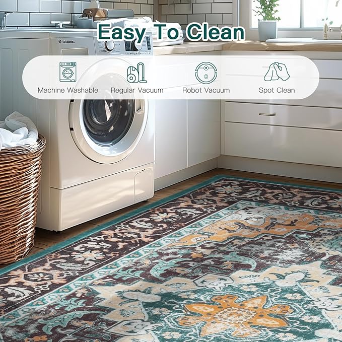 Lofus 6x9 Area Rugs for Living Room, Washable Area Rug, Rugs for Bedroom, Kitchen, Vintage Boho Carpet, Soft Non-Slip, Low Pile Large Area Rug for Office Dining Room, Floral Green