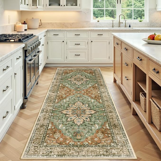 Area Rugs 3'x8' Runner Rug Non Slip Washable for Kitchen Hallway Bedroom Beside Laundry Room Bathroom Rug, Floor Carpet, Brick Red Rust Neutral Brown Burnt Orange Green