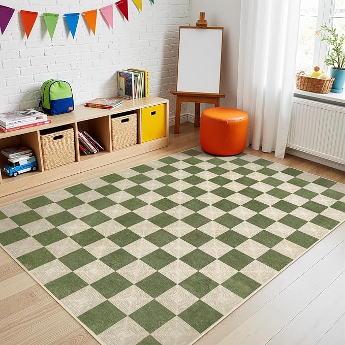 Washable Green Checkered Rug 5x7, Non-Slip Low Pile Area Rug for Living Room, Bedroom, Nursery, Modern Neutral Farmhouse Checkerboard Carpet, Pet & Kid Friendly