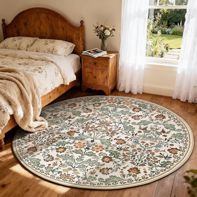 Floral Area Rug for Living Room: 6x6 Round Washable Soft Low Pile Thin Indoor Carpet, Non Slip Stain Resistant Vintage Flower Boho Accent Large Rugs for Bedroom, Dining, Home Office, Nursery - Beige
