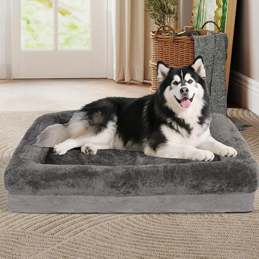 Dog Bed Waterproof Medium/Large Sized XL Foam Pet Beds Removable Washable Cover Dog Sofa Egg Crate Foam Support with Zipper Bottom Bolster Deluxe Plush Mat (Grey+38.2x30.3x7.5in)