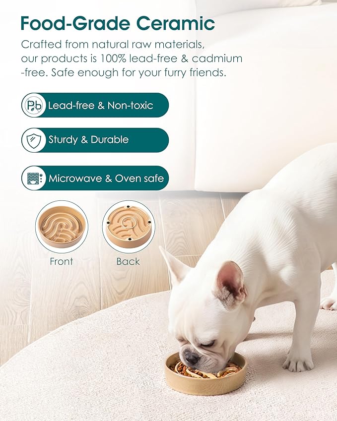 vancasso Slow Feeder Dog Bowl, 0.6 Cup Ceramic Slow Feeding Food Dish for Small Breed, Puzzle Dog Food Bowl for Fast Eater, Brown