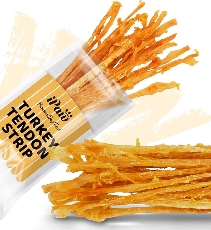 iPaw Turkey Tendons for Dogs, 100% Turkey and US Sourced Raw Material, Hypoallergenic, All Natural Human Grade Puppy Chew, Rawhide Alternative Dog Treats, 1 Pack Strip (Large)