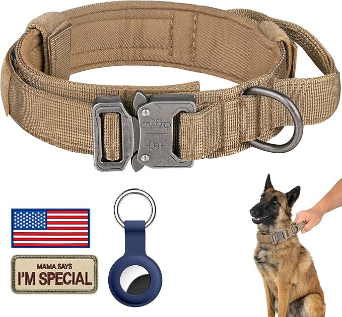 DAGANXI Tactical Dog Collar, Adjustable Military Training Nylon Dog Collar with Control Handle and Heavy Metal Buckle for Medium and Large Dogs, with Patches and Airtags Case (S, Brown)