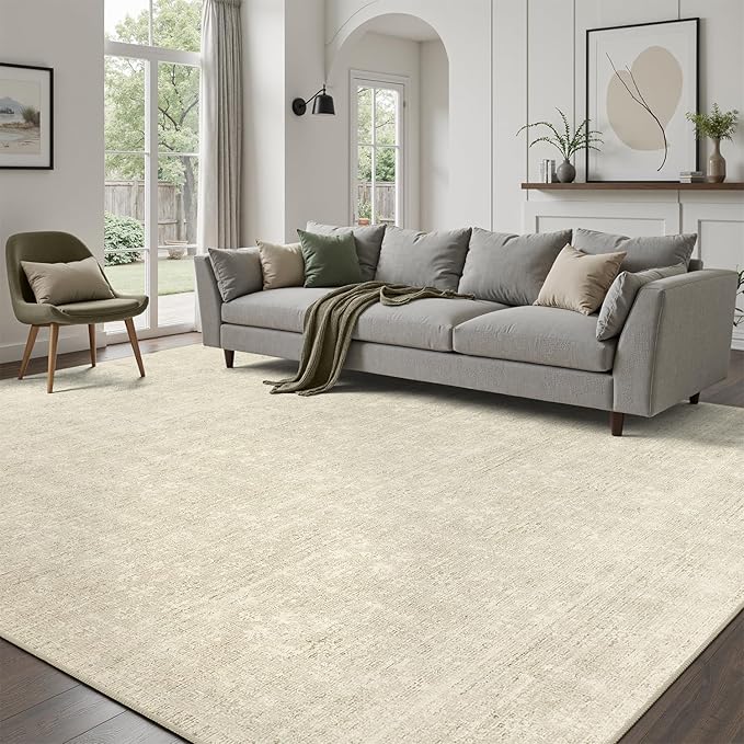 DCX 8x10 Beige Rug, Kid & Pet Friendly with Rubber Back Non Slip, Machine Washable Stain Resistant Neutral Floral Rug for Living Room, Bedroom, Home Office, Soft Low Pile Large Nursery Carpet