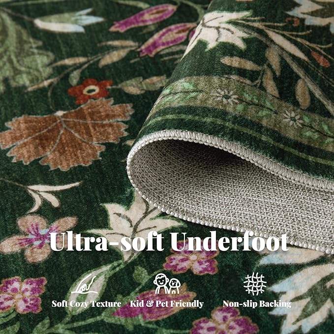 Floral Entryway Washable Rug: 2x3 Soft Low Pile Thin Indoor Front Door Mat, Non Slip Stain Resistant Vintage Flower Boho Accent Small Rugs for Bedroom, Kitchen, Bathroom, Nursery Entrance - Green
