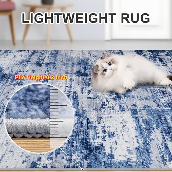 Area Rugs 10x14 Living Room - Washable Rug Modern Abstract Soft Large Neutral Non-Slip Carpet Indoor Floor Thin Carpets for Bedroom Dining Room Farmhouse Nursery Home Office Blue Gray