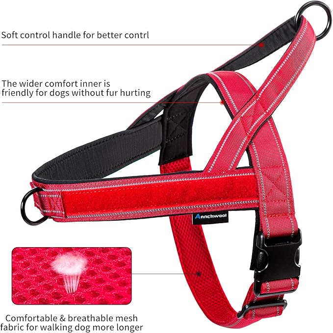 Annchwool No Pull Dog Harness with Soft Padded Handle,Reflective Strip Escape Proof and Quick Fit to Adjust Dog Harness,Easy for Training Walking for Small & Medium and Large Dogs(Red,XL)