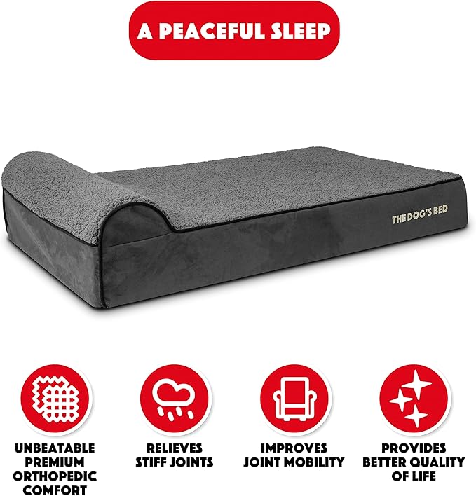 The Dog’s Bed Orthopedic Memory Foam Dog Bed with Headrest, Plush Fabric, Grey Plush, XL, 6-Inch