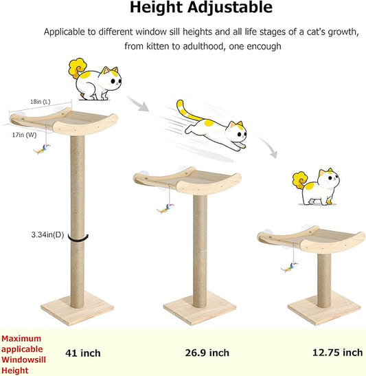 Window Cat Perch with Scratching Posts, 46" Wood Tree Bed for Maine Coon Big Cats Perching and Lounging, Mounted with 3 Strong Suction Cups (Wood Platform)