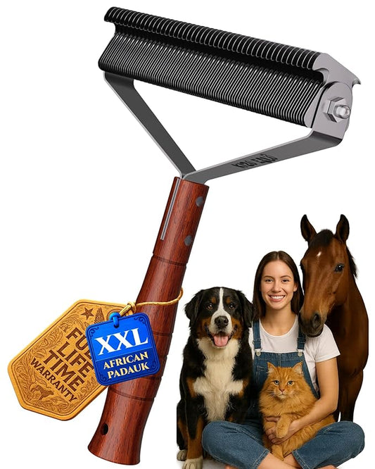 Oversized 2-Sided Dog Brush For Shedding Undercoat Rake for Dogs & Cats & Horses, Remove Mats,Dematting Comb, Grooming Brush for German Shepherds Medium to Long-Haired Pets(African Padauk Handle)