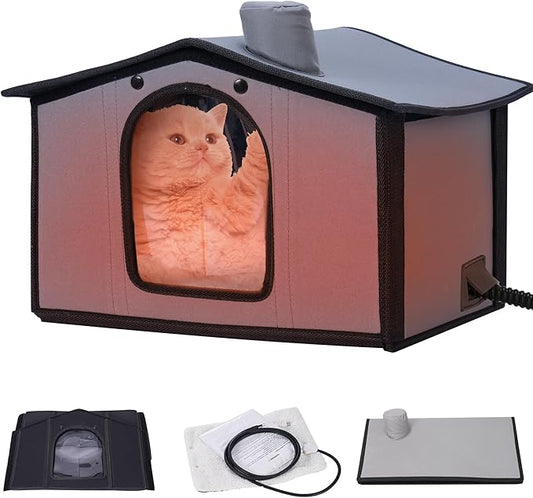 Rengue Heated Cat House, Large 20''x17''x16'' Cat Shelter Heated Outdoor Cat House Water Proof Plush Interior Safe Low Voltage for Indoor Semi Outdoor Cats