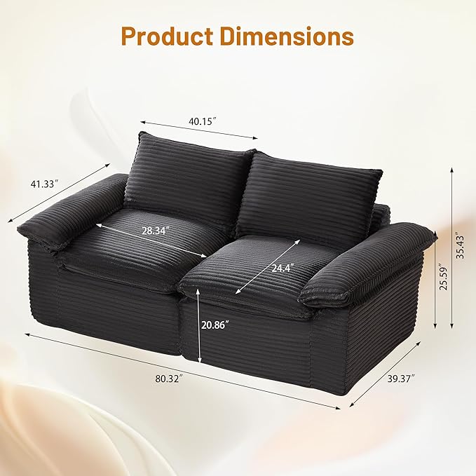 80" Cloud Loveseat Sofa, Boneless Couch Sofa in A Box for Living Room, Modern Modular Sectional Sofas 2 Seat Couch Foam Comfy No Assembly Cloud Couches with Throw Pillows for Bedroom,Dorm,Dark Gray