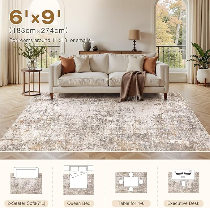 Area Rugs for Living Room: 6x9 Abstract Washable Rug Modern Neutral Large Soft Stain Resistant Non-Slip Backing Machine Table for Bedroom Dining Room Indoor Home Office Carpet - Brown Grey