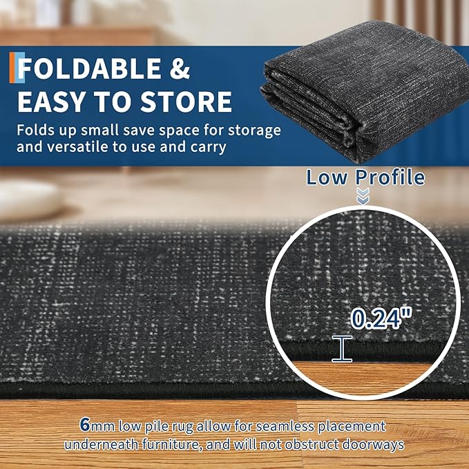 Washable Runner Rug 2x6 Modern Solid Color Kitchen Runner Mat Minimalist Plain Long Runner Rug for Entryway Bedroom Bedside Non Slip Low Pile Boho Accent Solid Runner Rugs for Nursery, Black 2'x6'